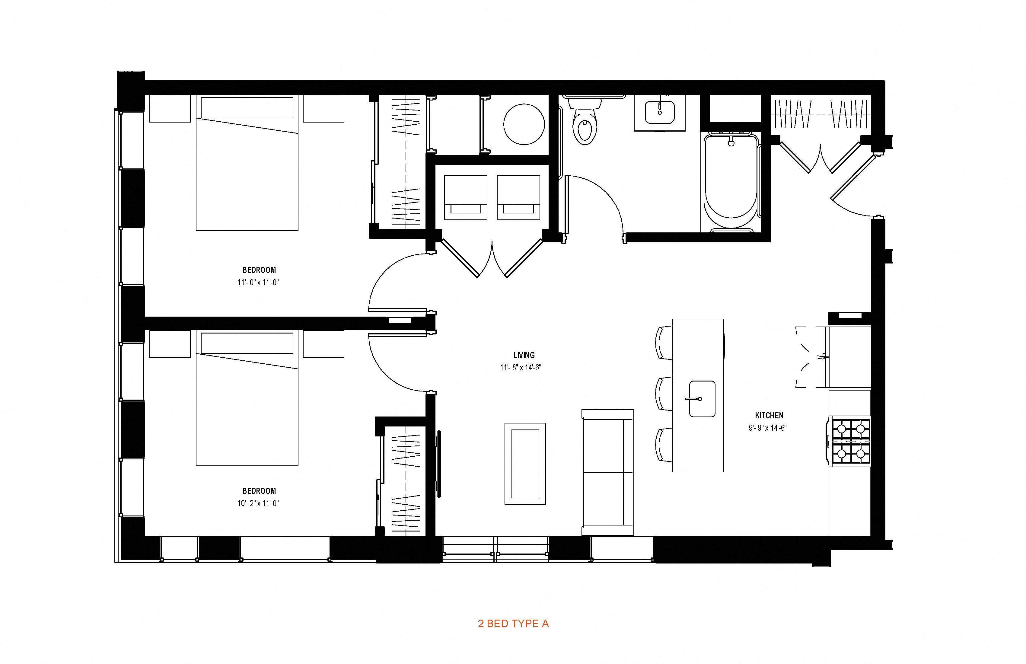 Floor plan for 2 beds, 1 bath, 867 sqft